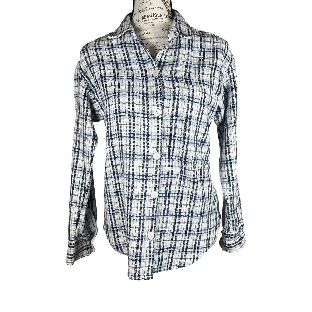 Abercrombie & Fitch Oversized Shirt Women XS Blue Green White Plaid Tweed Preppy